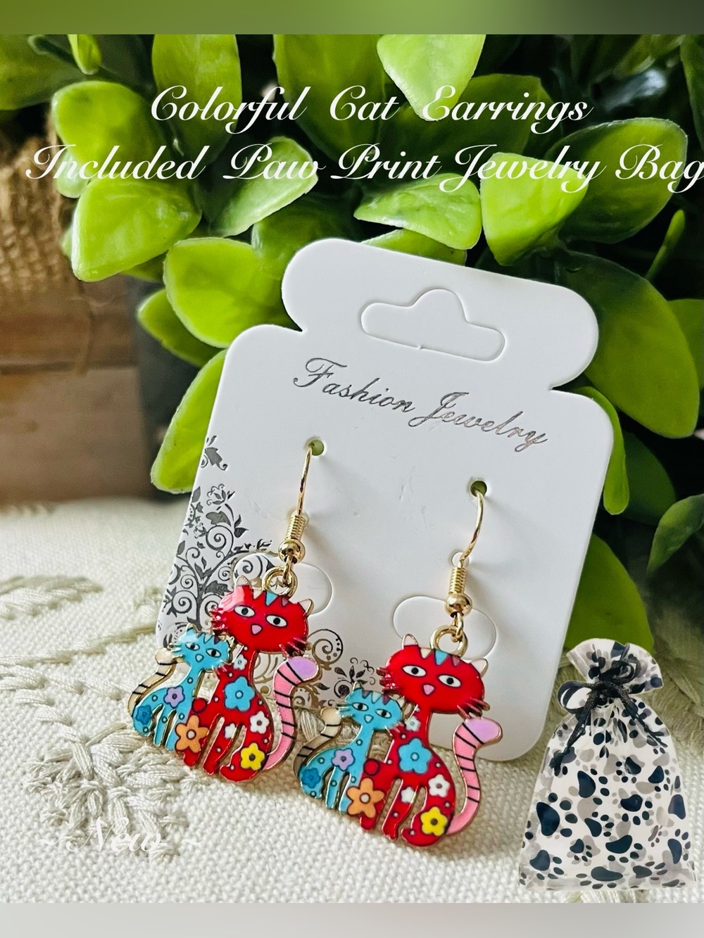 Cat Lovers Earrings🐾 Cat Earrings w/Colorful Accents & Paw Print Bag 🐾🆕🐾